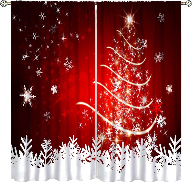 YCness Merry Christmas Curtains, Merry Xmas Tree Glitter Snowflake Window Treatments for Living Room Bedroom Kitchen Holiday Party Decor,Red Burgundy New Year Drapes 2 Panel Sets,42x54 Inch - Image 1